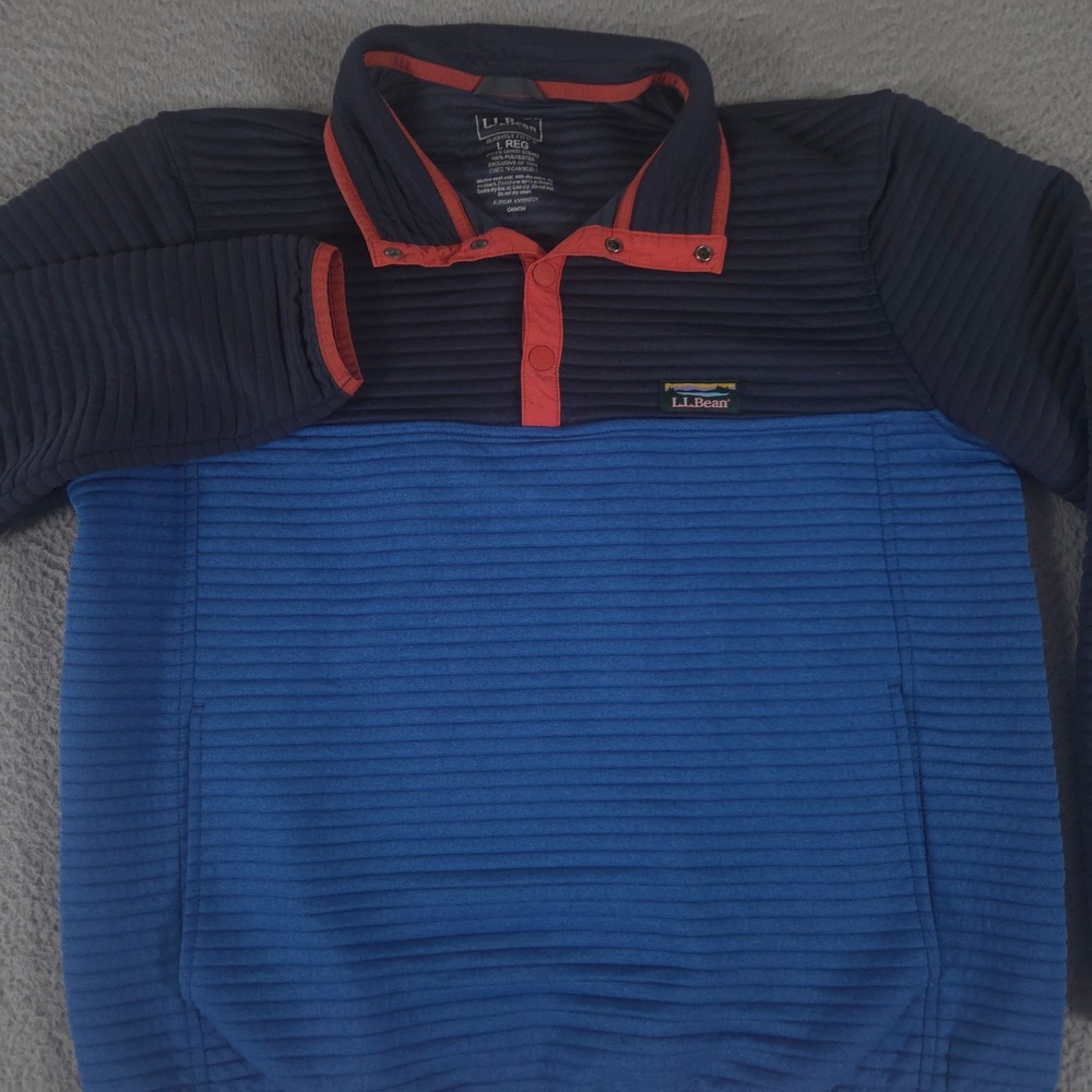 L.L. Bean Pullover Mens Large Blue Airlight Knit Colorblock Textured Snap Neck